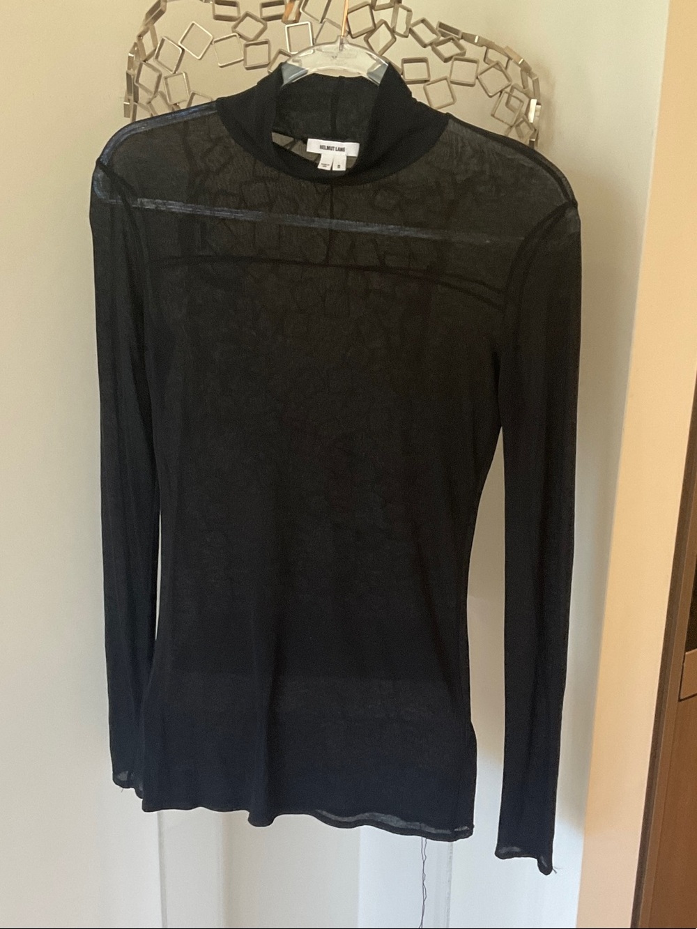 Helmut Lang Black Sheer Long Sleeve Mock Neck Top